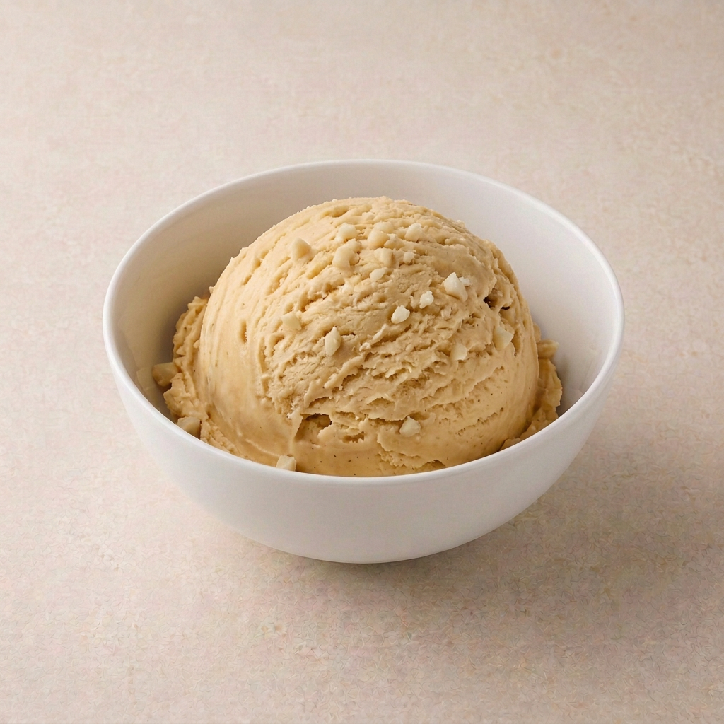 Vanilla ice cream with dark caramel mixed in and finely chopped macadamia nuts in a white bowl